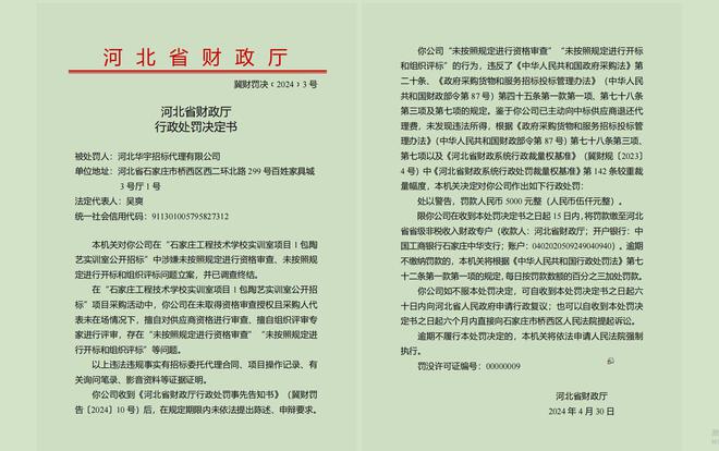 开云网站：河北华宇招标代理公司因违规操作被河北省财政厅处罚(图1)