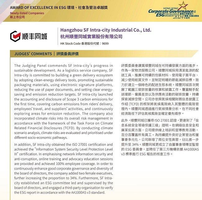 Kaiyun中国：管治及ESG表现获嘉许顺丰同城(图3)