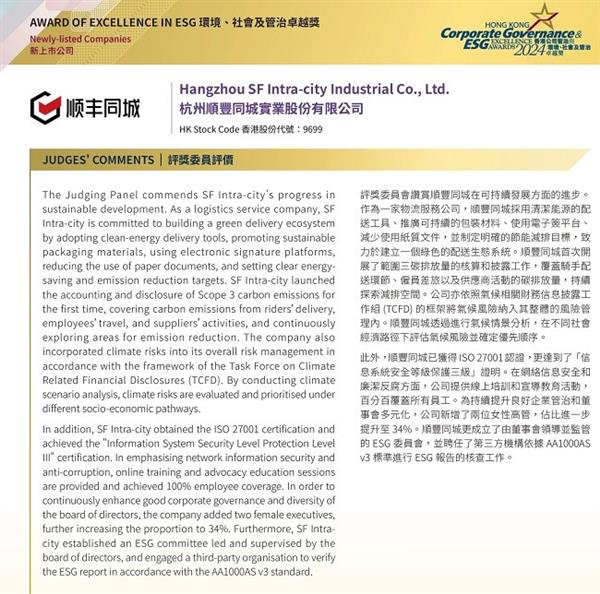 Kaiyun中国：2024年度“香港公司管治与ESG卓越奖”重磅发布顺丰同城同时斩获两项荣誉(图3)