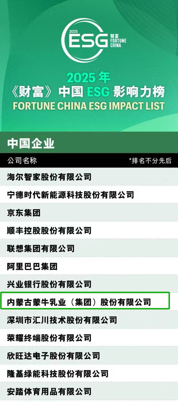 开云网站：中国乳业唯一！蒙牛荣登2025年《财富》中国ESG影响力榜(图1)
